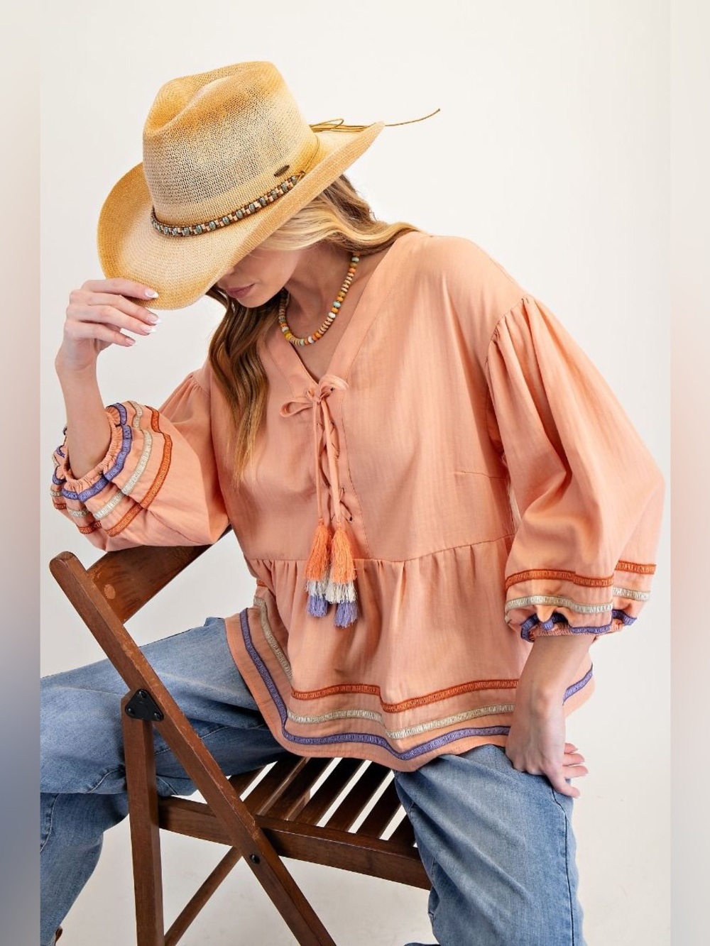 #240 easel Peach Tassel Peasant Blouse